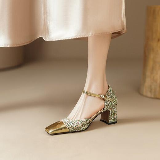 【预售5天】小香风方头粗跟包头凉鞋，法式真皮拼色中跟玛丽珍一字带高跟鞋SLK&Y320 商品图2