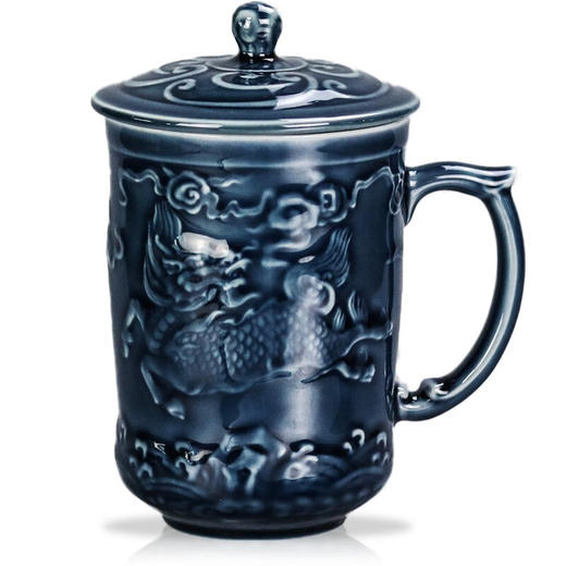 【清仓特惠5折】乾唐轩活瓷吉祥麒麟高杯创意带盖带把手陶瓷办公泡茶水杯子商务礼品杯送长辈 宝石蓝 商品图4