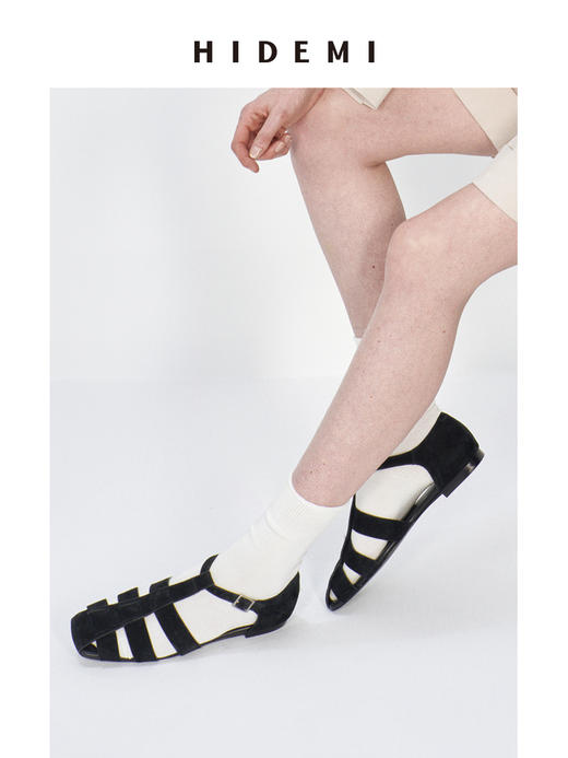 HIDEMI 编织镂空设计感复古罗马凉鞋 黑色麂皮/棕色牛皮 商品图9