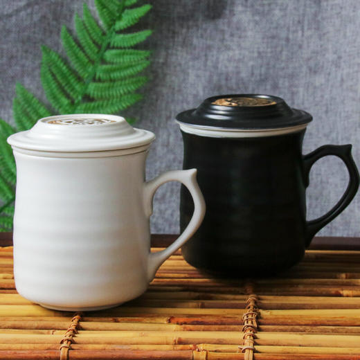 乾唐轩活瓷杯 心动高杯浪纹鎏金三件杯茶杯盖杯带茶漏送礼 白+金 商品图1