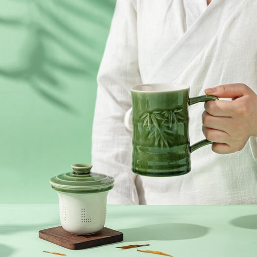 乾唐轩活瓷杯竹节三件杯带茶漏带手柄泡茶杯办公杯带盖陶瓷杯 商品图3