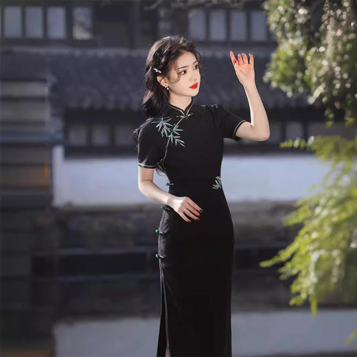 针织提花刺绣竹子，中长款新中式旗袍SJT-611 商品图3