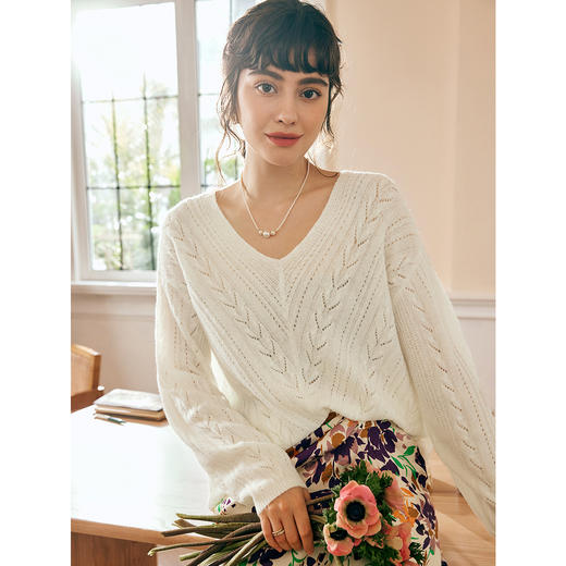 欧芮儿V领套头针织衫女秋冬2021年新款宽松显瘦慵懒时尚粉色毛衣 商品图1