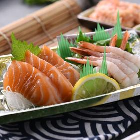 2点刺身(三文鱼+北极甜虾 )/份 原料生长地：【海产品】三文鱼-挪威；甜虾-山东