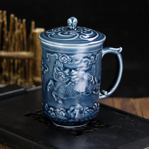 【清仓特惠5折】乾唐轩活瓷吉祥麒麟高杯创意带盖带把手陶瓷办公泡茶水杯子商务礼品杯送长辈 宝石蓝 商品图1