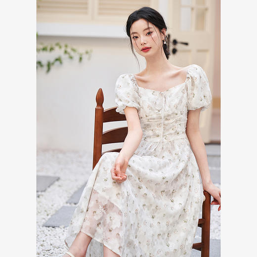 西遇法式复古茶歇连衣裙女夏季新款碎花少女花苞袖短袖梭织裙D1040749 商品图2