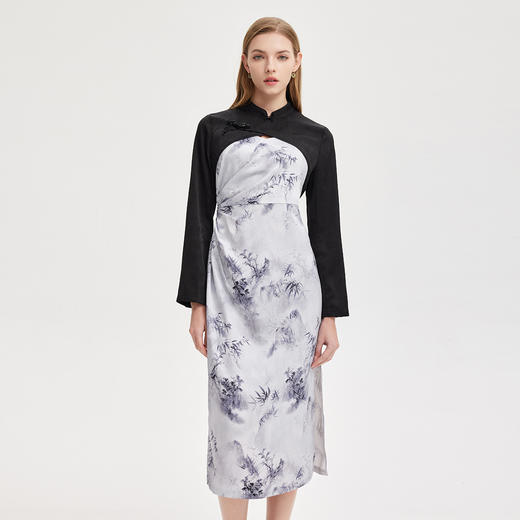 PF827斯尔丽24新款改良旗袍披肩配吊带撞色水墨画国风时尚减龄连衣裙 商品图0