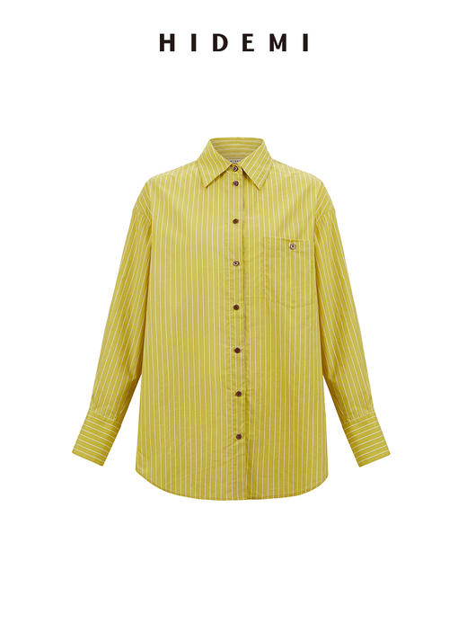 HIDEMI 极简设计感纽扣条纹口袋廓形衬衫 白色/牛油果绿 商品图10