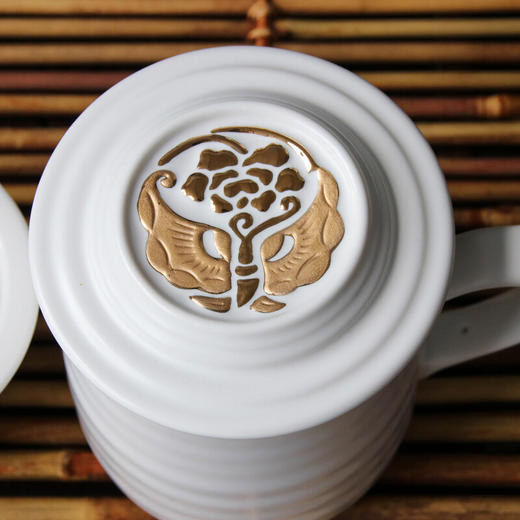 乾唐轩活瓷杯 心动高杯浪纹鎏金三件杯茶杯盖杯带茶漏送礼 白+金 商品图3