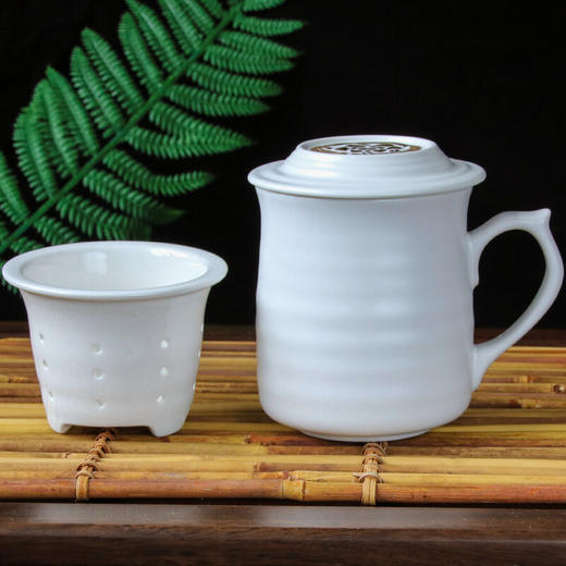 乾唐轩活瓷杯 心动高杯浪纹鎏金三件杯茶杯盖杯带茶漏送礼 白+金 商品图2