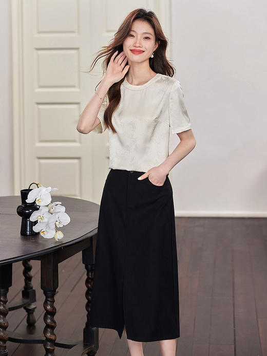 【专属特价】熙世界新中式暗纹提花雪纺衫女夏季新款气质显瘦圆领短袖T恤上衣 商品图2