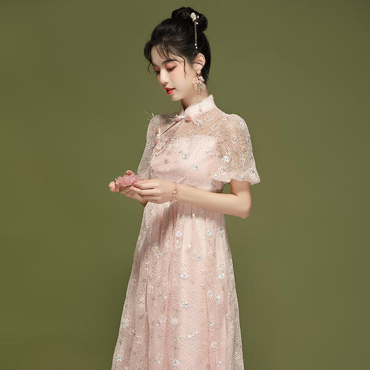 改良款旗袍，蕾丝灯笼袖连衣裙OY-24151 商品图1