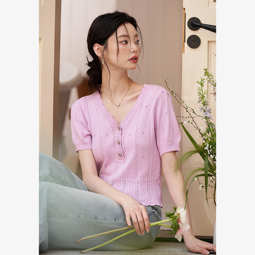 通勤风气质甜美花边短款针织衫女春夏季短款收腰V领毛衣V1040779/V0051036 商品图0