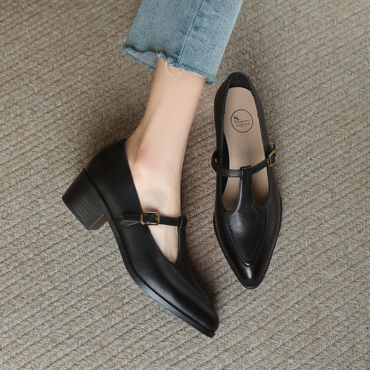 品质好货 |Safiya/索菲娅2024新款春季气质头层牛皮粗跟T字带单鞋SF41111702 商品图3