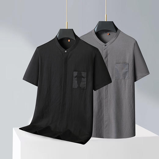 【新中式】【新款DDP】大依优型大码立领短袖衬衫加肥加大男士大号弹力透气舒适夏季半袖透气复古 商品图1