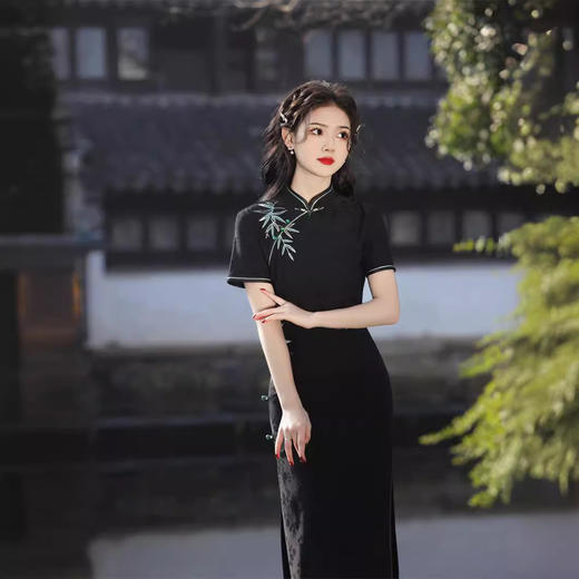 针织提花刺绣竹子，中长款新中式旗袍SJT-611 商品图2