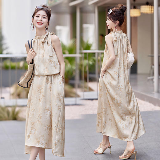 优雅大方，新中式暗纹竹节无袖落肩挂脖式可系带连衣裙HR-NSYY8871 商品图1