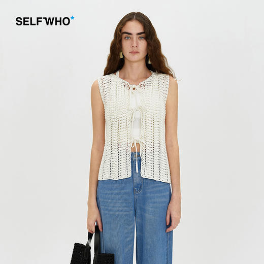 SELFWHO 米白色开衫马甲2024夏季新款手钩编织镂空修身显瘦上衣女 商品图1
