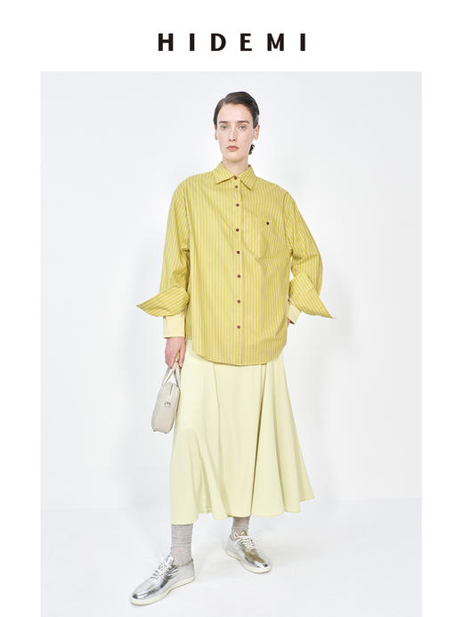 HIDEMI 极简设计感纽扣条纹口袋廓形衬衫 白色/牛油果绿 商品图2