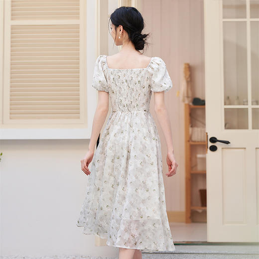 西遇法式复古茶歇连衣裙女夏季新款碎花少女花苞袖短袖梭织裙D1040749 商品图4