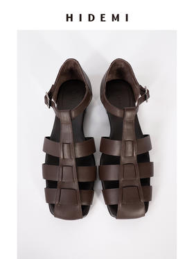 HIDEMI 编织镂空设计感复古罗马凉鞋 黑色麂皮/棕色牛皮