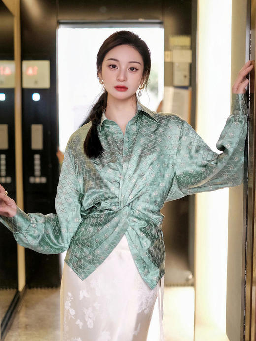 盛唐牡丹 |豆绿金丝格纹真丝扭结上衣 商品图4