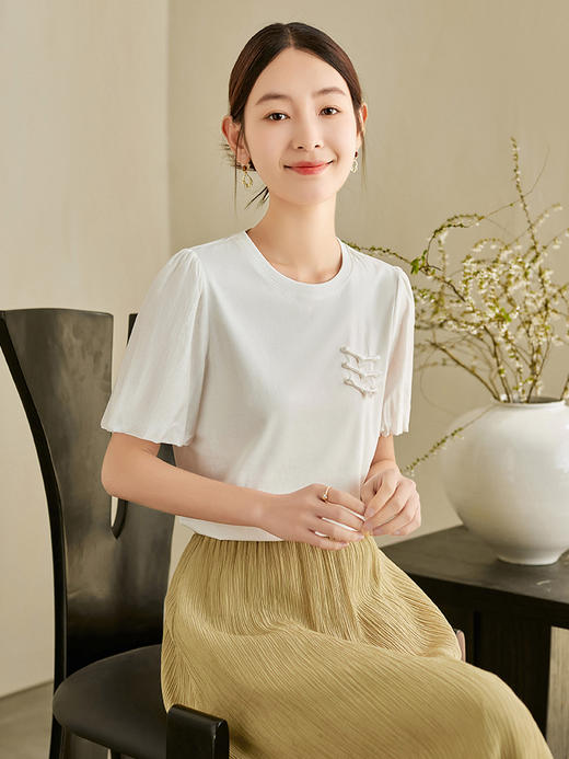 【专属特价】熙世界莱赛尔天丝白色T恤女夏季短袖时尚国风盘扣小衫新中式上衣 商品图1