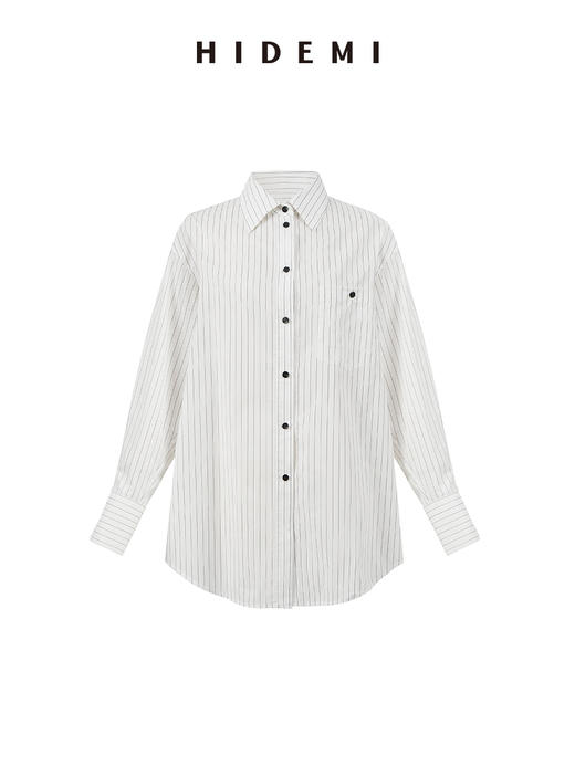 HIDEMI 极简设计感纽扣条纹口袋廓形衬衫 白色/牛油果绿 商品图11