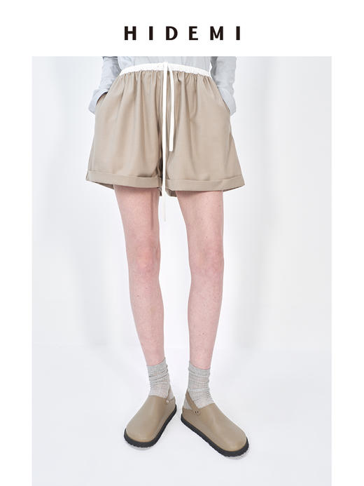 HIDEMI 极简拼接抽绳设计感显瘦卷边短裤 黑色/燕麦色 商品图2