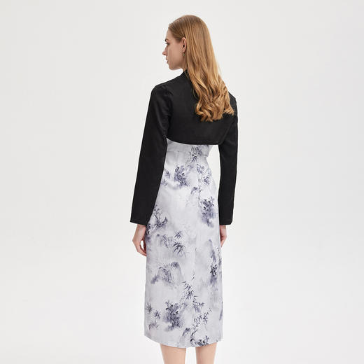 PF827斯尔丽24新款改良旗袍披肩配吊带撞色水墨画国风时尚减龄连衣裙 商品图1