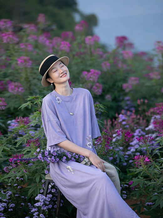 牧衣游原创 汉麻棉手工刺绣连衣裙新款圆领宽松T恤裙休闲 海月 商品图1