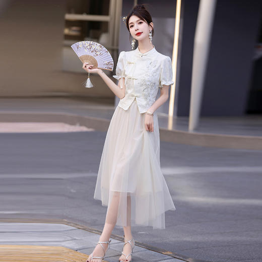 优雅新中式，钉珠国风盘扣泡泡袖两件套HR-YF9608 商品图2