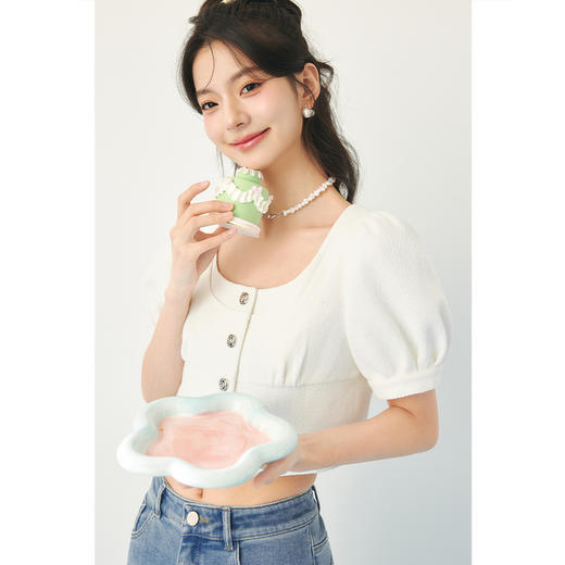 【严选】诗凡黎春短款小香风泡泡袖衬衫SF3420291 商品图0