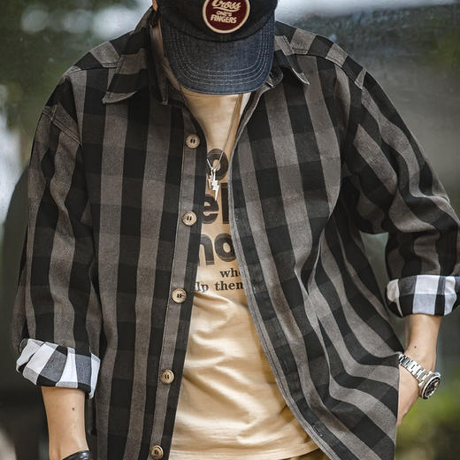 工装优选 美式复古360g重磅厚实格子夹克秋季格纹硬汉衬衫外套 商品图4