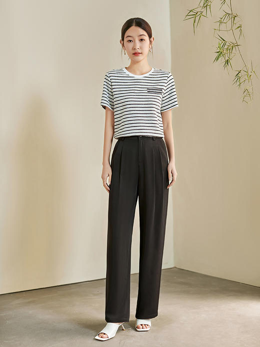 【专属特价】熙世界冰丝针织条纹T恤女短袖2025夏款气质银丝小香风圆领上衣 商品图2