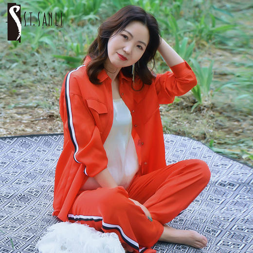 圣三利女装春秋季缎面条纹拼接衬衫SL121E32 商品图0