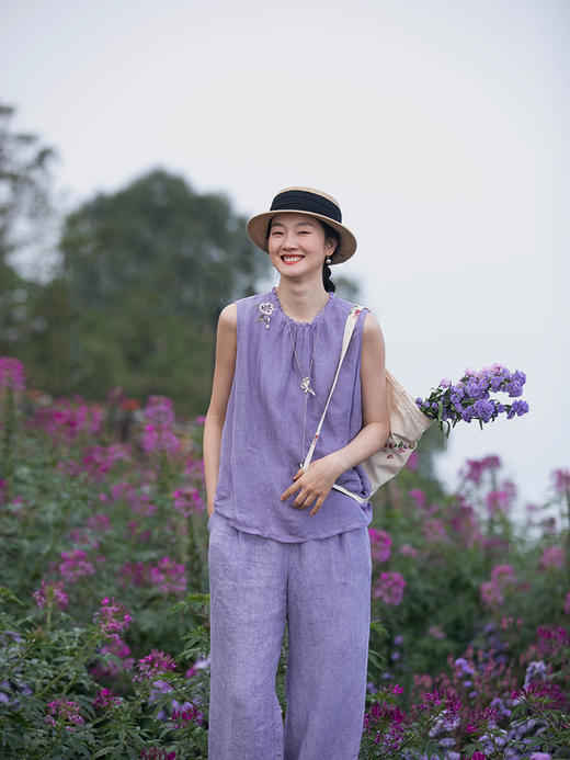 牧衣游原创 炒色手工刺绣棉麻马夹女减龄粉色百搭无袖上衣 雾雨白 商品图1