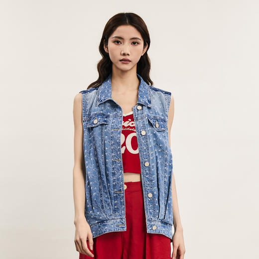 谜底牛仔马甲外套女2024夏季新品复古风提花中长款马夹242MM0679 商品图0