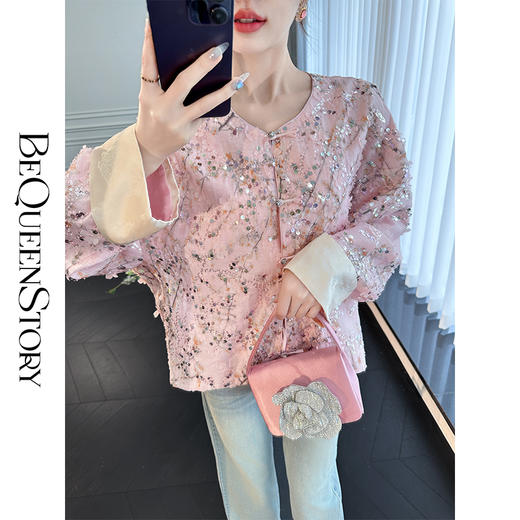 余潇潇【樱落星河】新中式时髦气质重工珠片绣圆领长袖上衣女外套 商品图3