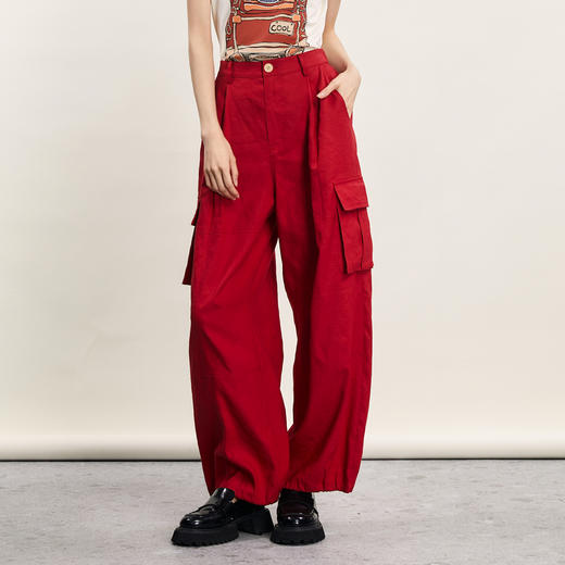 谜底工装休闲裤女2024夏季新品时尚百搭宽松亲肤阔腿裤242MK0625 商品图0