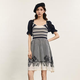 谜底针织连衣裙2024夏季新品复古优雅拼接式条纹中长裙242MZ0897