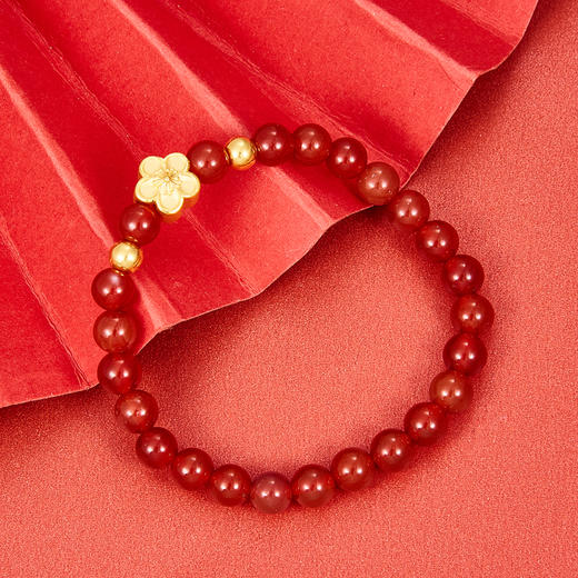 【限时7.5折】【定价黄金】足金 #招桃花 3D硬金幸运桃花双珠红玛瑙(约6.2mm)成品手串(AA3DSC00017)（特殊产品下单后不退款不退货不换货不补差（特殊产品下单后不退款不退货不换货不补差 商品图1