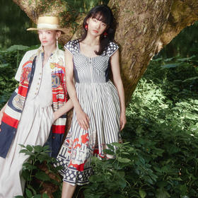 谜底吊带连衣裙2024夏季新品度假风复古黑白条绣花长裙242ML0678