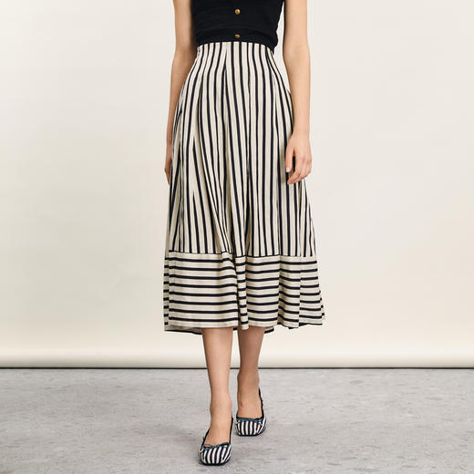 谜底条纹半身裙女2024年夏款复古文艺风高腰拼接中长裙242MB0645 商品图0