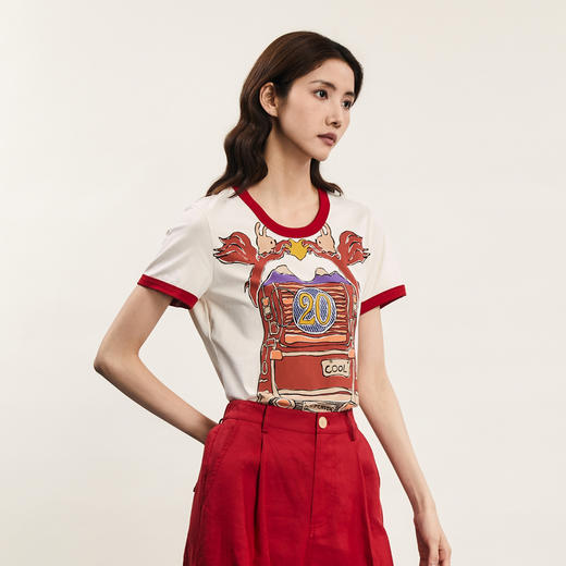 谜底圆领印花T恤女2024年夏季新品复古特色撞色修身上衣242MT0585 商品图1