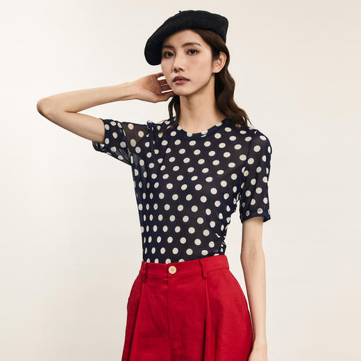 谜底波点T恤短袖女2024年夏季新品百搭特色修身高弹上衣242MT0719 商品图1