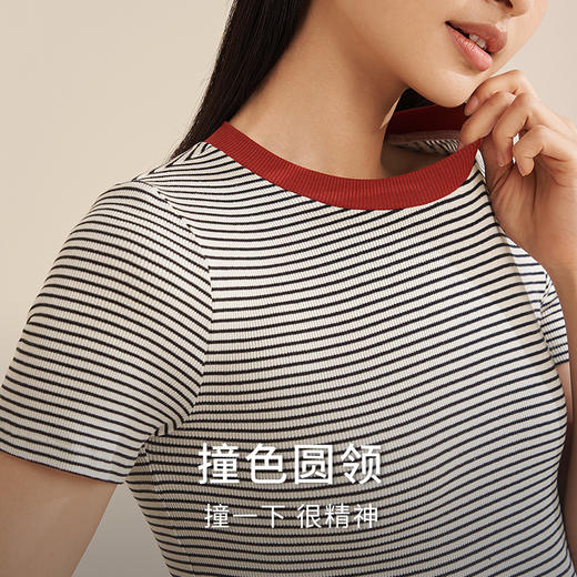 金三塔新款桑蚕丝T恤女撞色短袖圆领宽松舒适打底衫女可外穿小衫  YZFEB701 商品图1