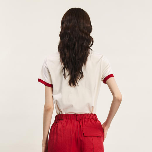 谜底圆领印花T恤女2024年夏季新品复古特色撞色修身上衣242MT0585 商品图2