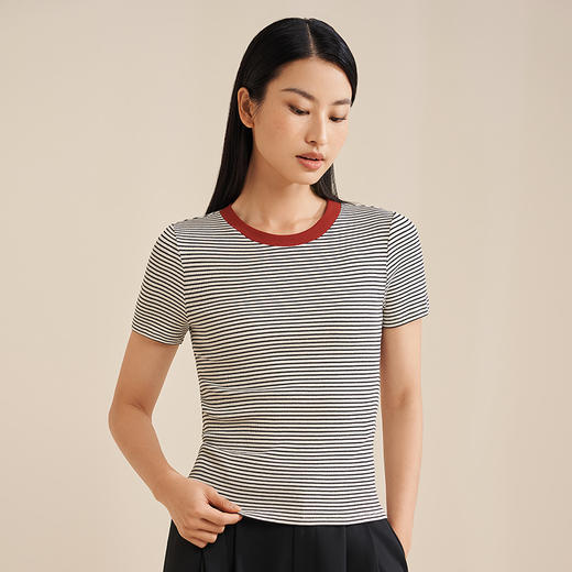 金三塔新款桑蚕丝T恤女撞色短袖圆领宽松舒适打底衫女可外穿小衫  YZFEB701 商品图3