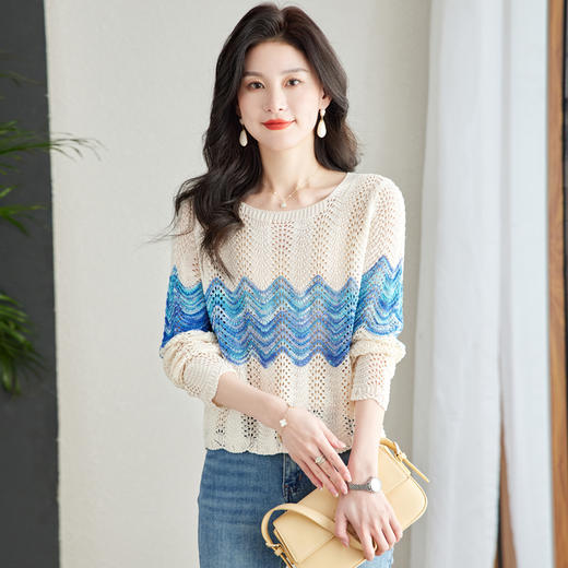 长袖薄款毛衣，防晒彩虹条拼接镂空罩衫上衣HR-MLLJS6692 商品图0